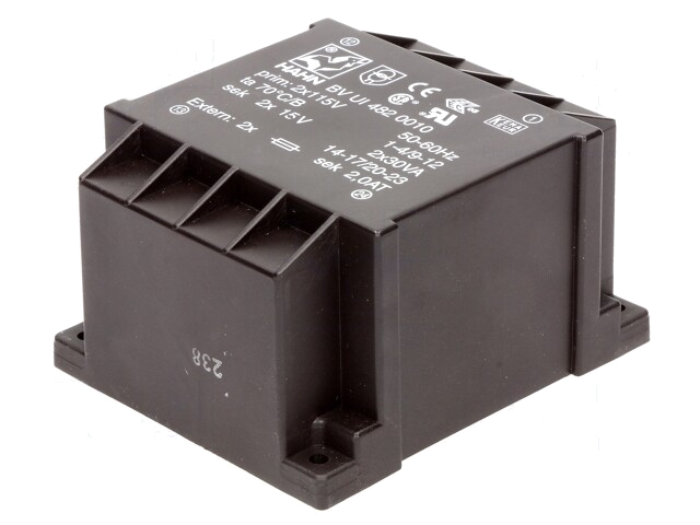 Transformator: ingegoten; 60VA; 115VACx2; 15V; 15V; 2A; 2A; PCB; BVUI Transformator: ingegoten; 60VA; 115VACx2; 15V; 15V; 2A; 2A; PCB; BVUI